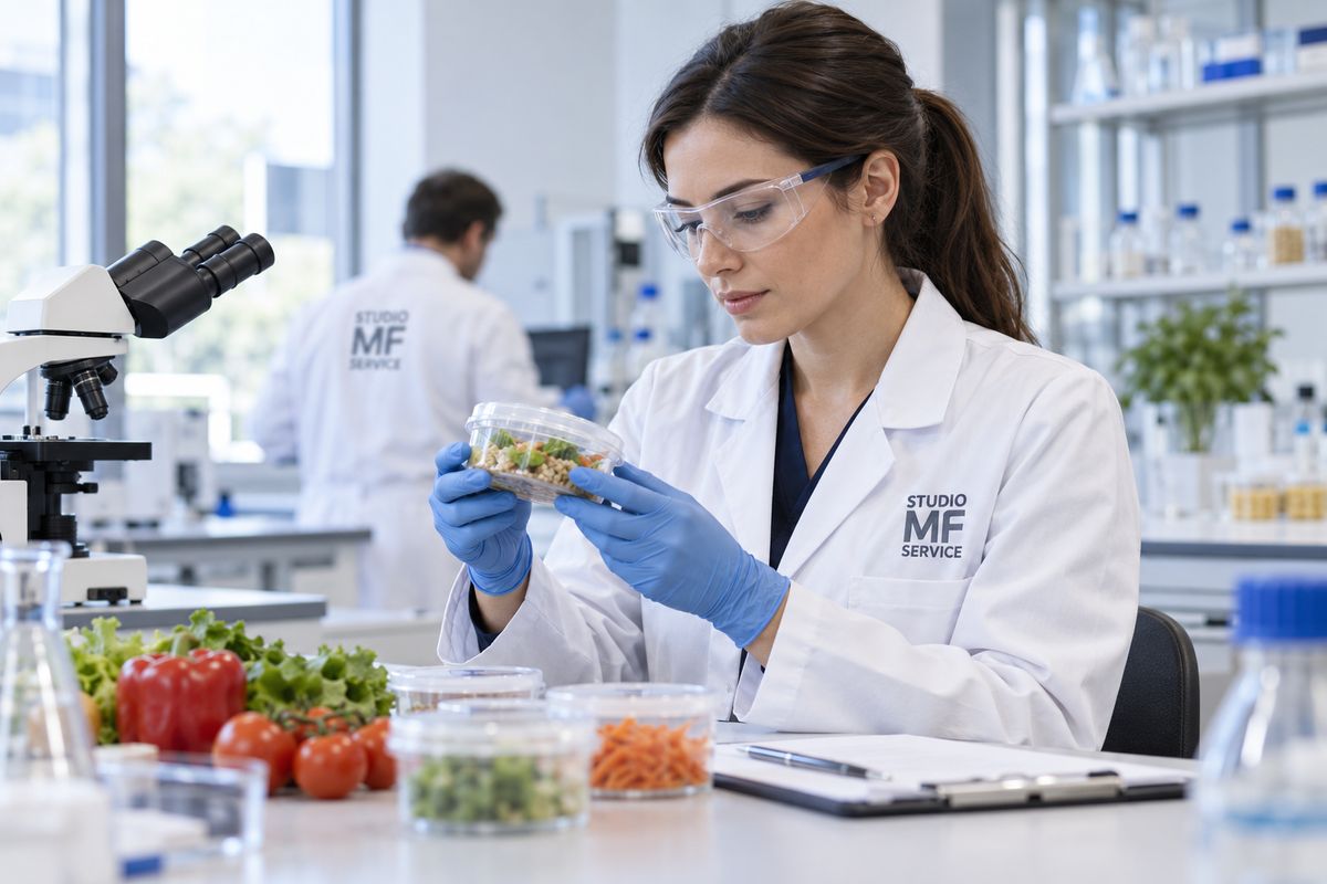 Una professionista di Studio MF Service lavora su campioni alimentari in un laboratorio.