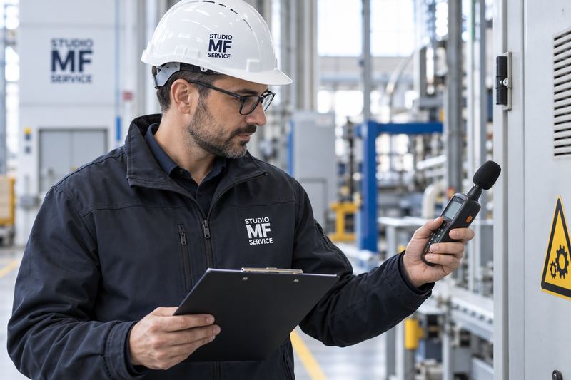 Un tecnico di Studio MF Service con il casco svolge una verifica ambientale in azienda con uno strumento portatile.